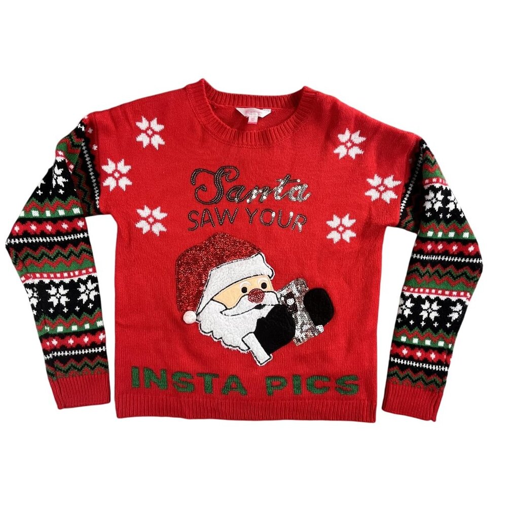 Ugly Christmas Sweater Womens Small Red Santa Insta Pics Pullover Naughty Viral